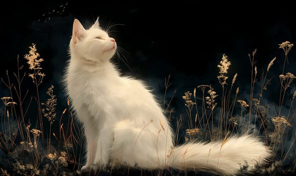 Illustration of a cat in flowers on a dark background. Selective focus.