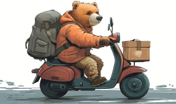 Children's illustration, a bear on a motorcycle with a backpack. Selective soft focus.