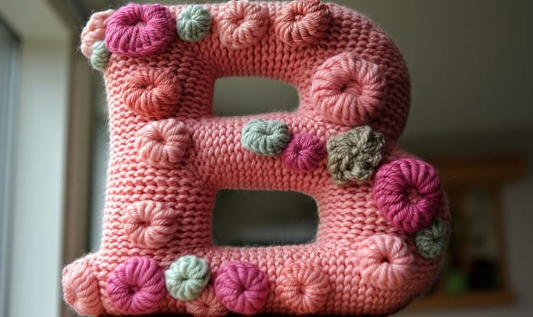 Knitted colored letter B on an abstract background. Selective focus.