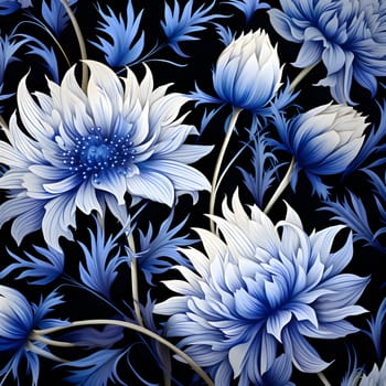 Patterns and banners backgrounds: Seamless pattern with blue and white flowers on a black background