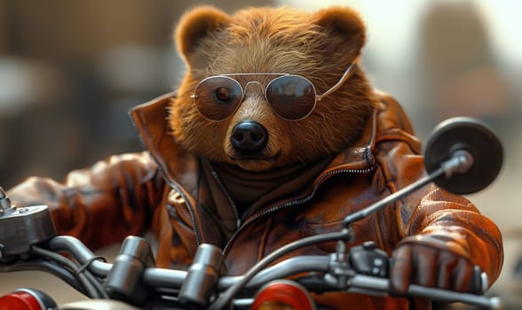 Children's illustration, a bear in sunglasses on a motorcycle. Selective soft focus.