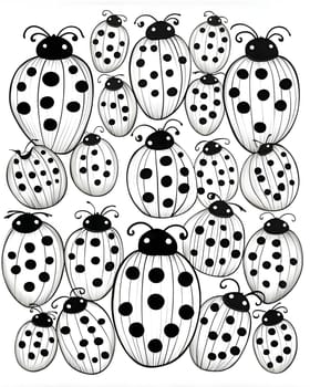 Patterns and banners backgrounds: Ladybug pattern on white background. Black and white vector illustration.