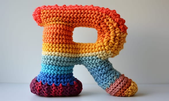 Knitted colored letter R on an abstract background. Selective focus.