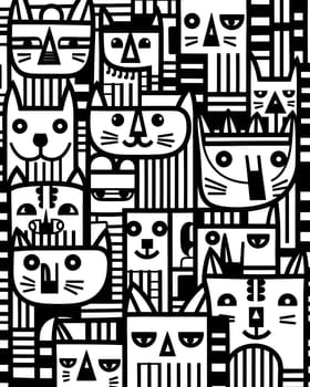 Patterns and banners backgrounds: Seamless pattern with funny cats. Black and white vector illustration.