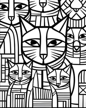 Patterns and banners backgrounds: Black and white vector illustration of a stained glass window with cats.