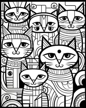 Patterns and banners backgrounds: Black and white vector illustration of a group of cats with abstract patterns