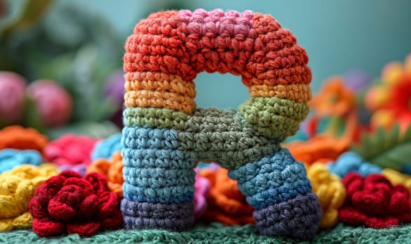Knitted colored letter R on an abstract background. Selective focus.
