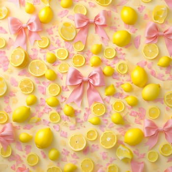 Patterns and banners backgrounds: Easter background with lemons and pink bows. Top view.