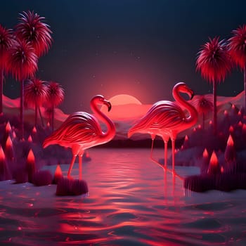 Patterns and banners backgrounds: Flamingo on the lake at night with palm trees. Vector illustration.