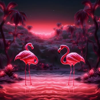 Patterns and banners backgrounds: Flamingo in the swamp at night. Elements of this image furnished by NASA