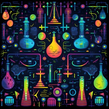 Patterns and banners backgrounds: Chemical laboratory, science research and development. Vector illustration in neon style