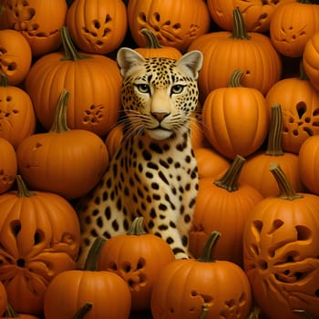 Patterns and banners backgrounds: Leopard and pumpkins for halloween. 3d render