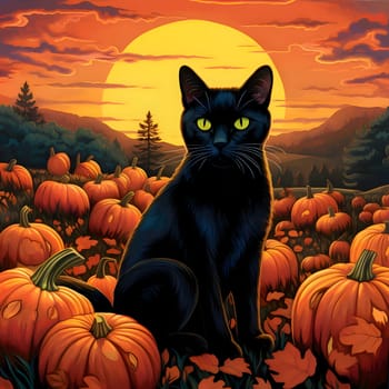 Patterns and banners backgrounds: Black cat sitting on a pumpkin field at sunset. Vector illustration.