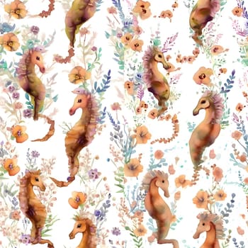 Patterns and banners backgrounds: Seamless pattern with watercolor seahorses and flowers.