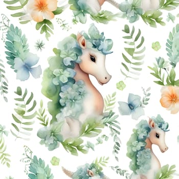Patterns and banners backgrounds: Watercolor unicorn with flowers and leaves. Seamless pattern.