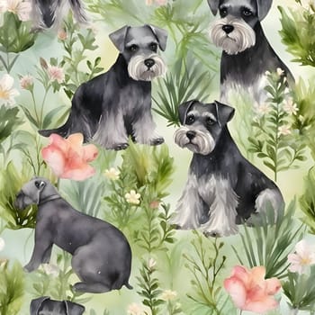 Patterns and banners backgrounds: Watercolor seamless pattern with cute miniature schnauzer and flowers