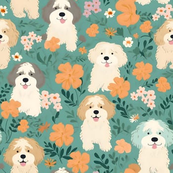 Patterns and banners backgrounds: Seamless pattern with cute dogs and flowers. Vector illustration.