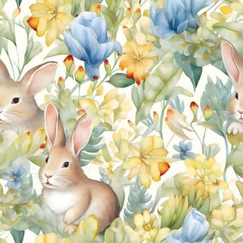 Patterns and banners backgrounds: Seamless pattern with watercolor flowers and cute bunnies
