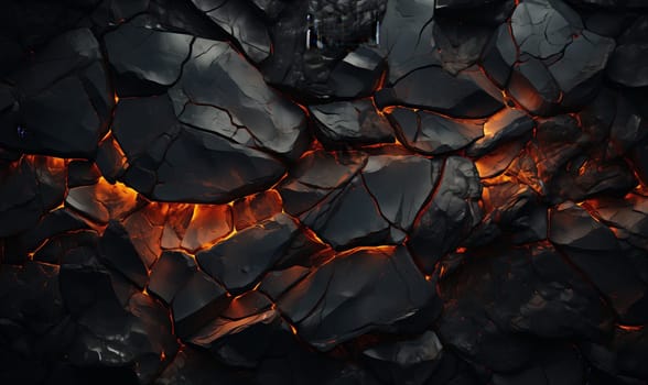 Abstract background of extinct lava with red gaps. Selective soft focus.