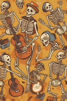 Patterns and banners backgrounds: Seamless pattern with skeleton and guitar. Halloween vector illustration.