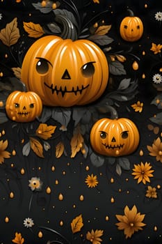 Patterns and banners backgrounds: Halloween background with pumpkins, leaves and flowers. Vector illustration.