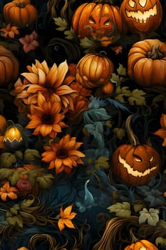 Patterns and banners backgrounds: Halloween background with pumpkins and flowers. Seamless pattern.