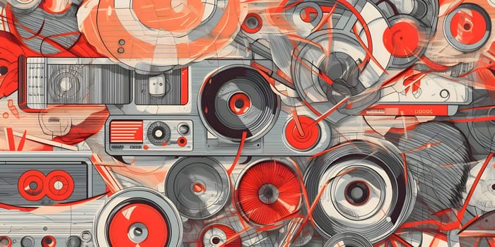 Patterns and banners backgrounds: Retro music background with vinyl record player, tape recorder and headphones. Vector illustration