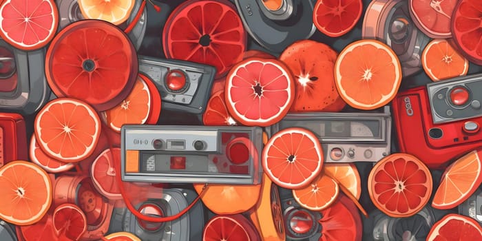 Patterns and banners backgrounds: Seamless pattern with vintage cameras, grapefruits and oranges.