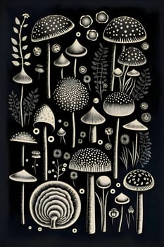 Patterns and banners backgrounds: Hand drawn mushrooms. Vector illustration on chalkboard. Black and white.