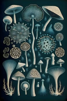 Patterns and banners backgrounds: Mushrooms collection on dark background. Vector illustration for your design