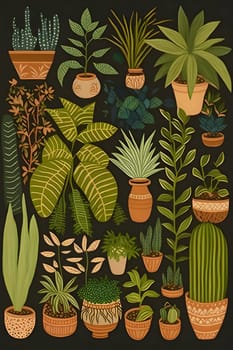 Patterns and banners backgrounds: Set of hand drawn ornamental plants in pots. Vector illustration.