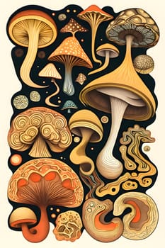 Patterns and banners backgrounds: Mushrooms vector illustration. Hand drawn set of different mushrooms.