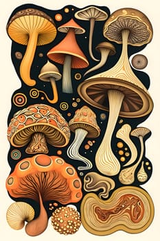 Patterns and banners backgrounds: Set of mushrooms in cartoon style on a black background. Vector illustration