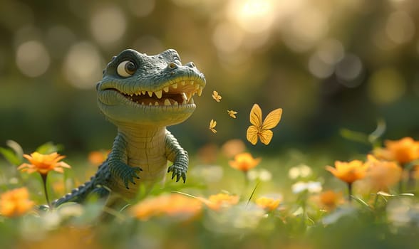 Children's illustration, a crocodile catches butterflies. Selective soft focus.