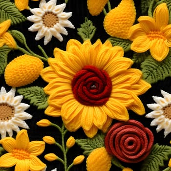 Patterns and banners backgrounds: Handmade embroidery on fabric background. Colorful flower pattern.