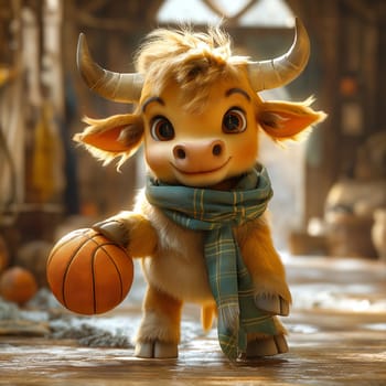 3D illustration of a bull playing basketball. Selective soft focus.