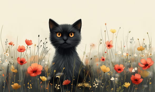 Illustration of a cat in flowers on a light background. Selective focus.