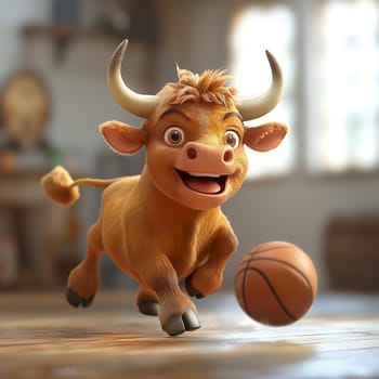 3D illustration of a bull playing basketball. Selective soft focus.