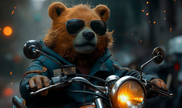 Children's illustration, a bear in sunglasses on a motorcycle. Selective soft focus.