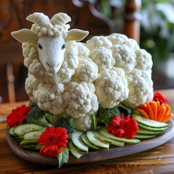 A unique floral sculpture in the shape of a sheep, made entirely from cauliflower and vegetables. A beautiful blend of art and nature