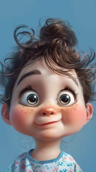 A closeup of a cartoon doll with big eyes, a bun in her hair, a nose, cheek, chin, eyebrow, eyelash, and a happy facial expression. She is smiling, radiating fun and happiness