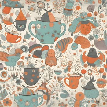 Patterns and banners backgrounds: Seamless pattern with teapots and cups of tea.