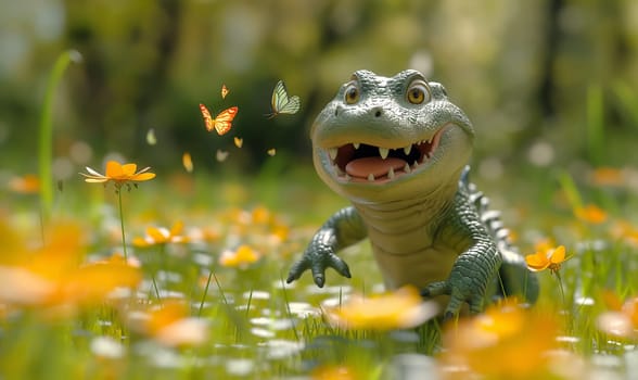 Children's illustration, a crocodile catches butterflies. Selective soft focus.
