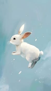 A white rabbit with long ears is joyfully leaping through the air, showcasing its agility as a terrestrial animal figure. The event is like seeing a fawn in motion, gracefully hopping over the grass