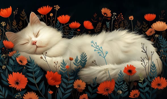 Illustration of a cat in flowers on a dark background. Selective focus.