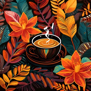 Patterns and banners backgrounds: Cup of coffee and tropical leaves on black background. Vector illustration.