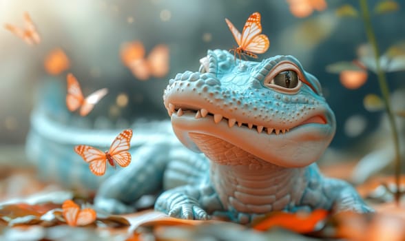 Children's illustration, a crocodile catches butterflies. Selective soft focus.