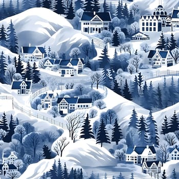 Patterns and banners backgrounds: Winter village. Seamless pattern with houses, trees and mountains.