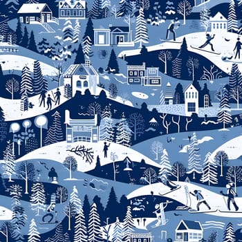 Patterns and banners backgrounds: Winter landscape with houses, trees and people. Seamless pattern.