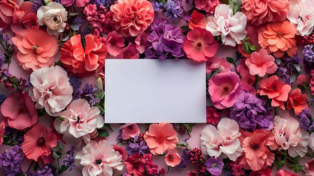 A white card is adorned with colorful flowers on a vibrant pink background, creating a striking contrast between the delicate petals and bold magenta hues